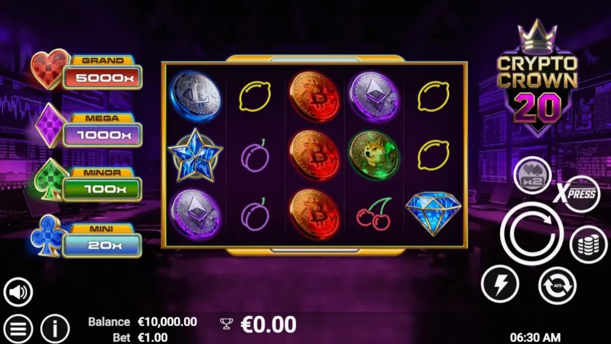 Tampilan layar permainan slot Crypto Crown 20 dengan simbol neon dan kripto