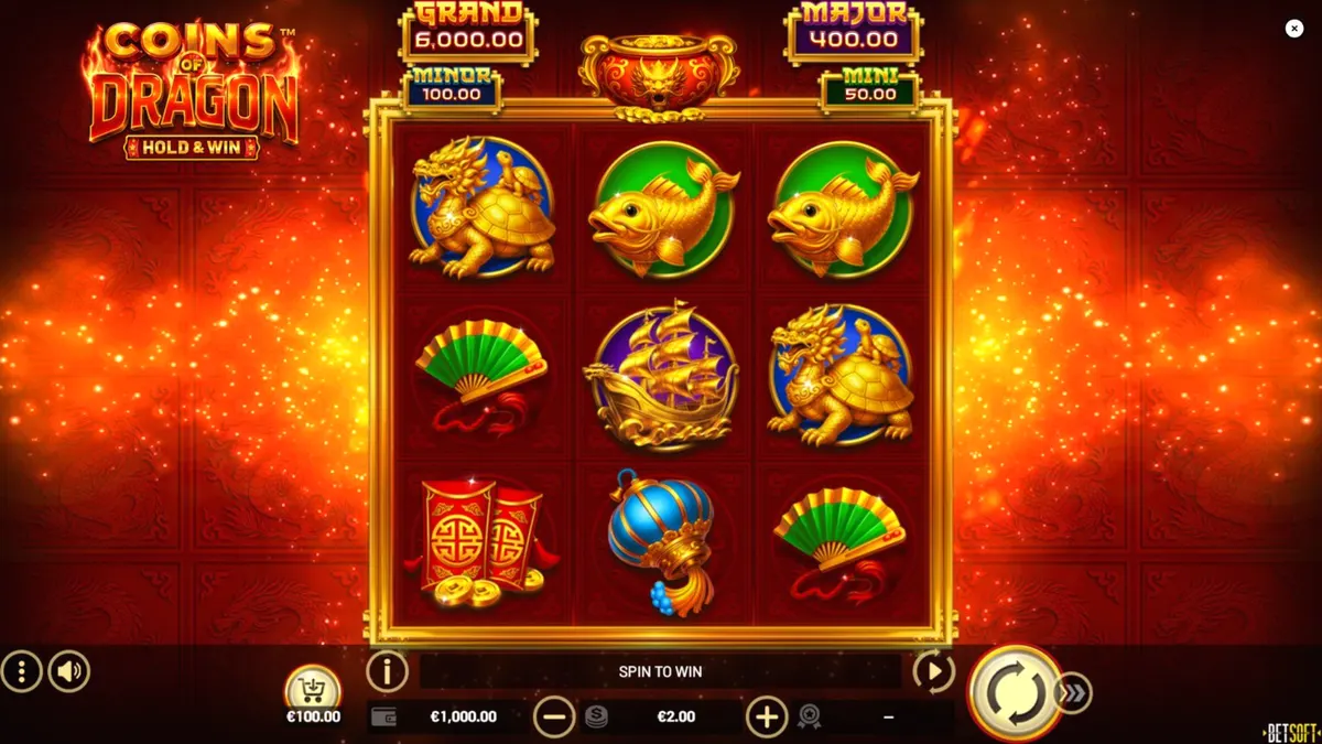 Tampilan visual slot Coins of Dragon dengan latar belakang naga emas